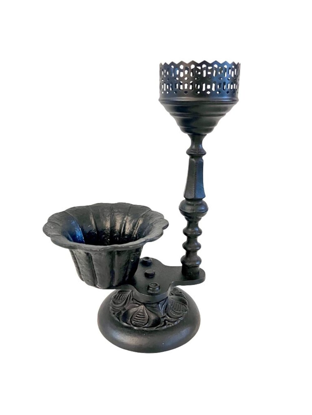VTG Gothic Black Cast Iron Candle Holder & Scalloped Bowl Cutout Decor